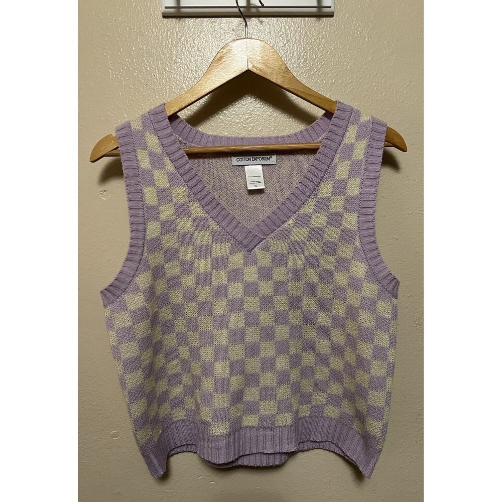 Cotton Emporium‎ Sweater Vest Purple Lavender and White Cream Checkerboard Sz XL